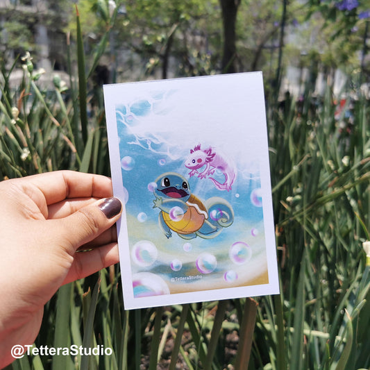 🌊💙 Postal Ilustrada – Squirtle y Ajolote Nadando | Arte Acuático Geek Mexicano 🐢✨