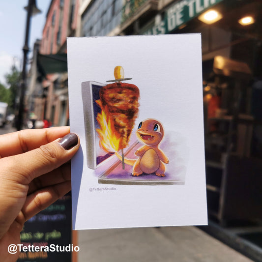 🌮🔥 Postal Ilustrada – Charmander y el Trompo de Tacos al Pastor | Arte Geek Mexicano 🐉🇲🇽